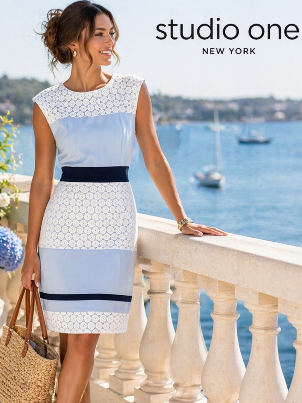 💙Studio One,Ice Blue,White Eyelet Lace,Navy Banding, Stunning Design,Colors, 10